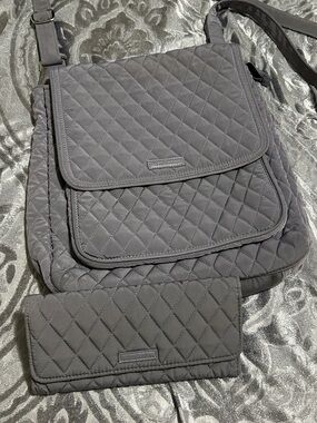 Vera Brad Quilted Gray Crossbody Bag with Matching Wallet - Women's Shoulder Bag